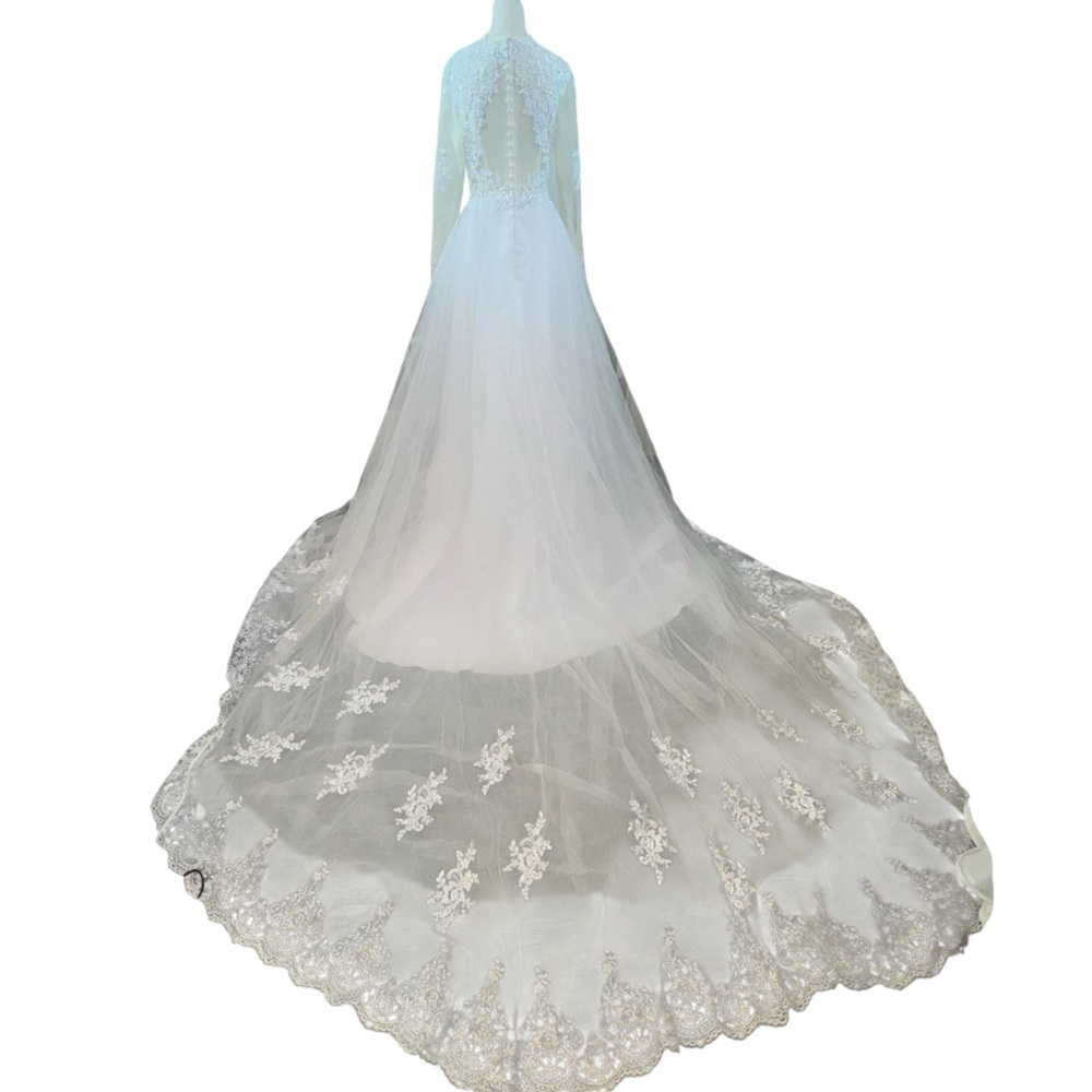 A-Line Long Sleeves Lace Tulle Court Train Wedding Dress - Picture 3 of 17